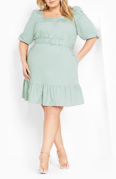Tetia Belted Puff Sleeve Dress (Plus)
