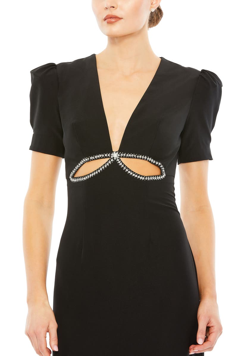 Mac Duggal Puff Sleeve Embellished Cutout Evening Gown, Alternate, color, Black