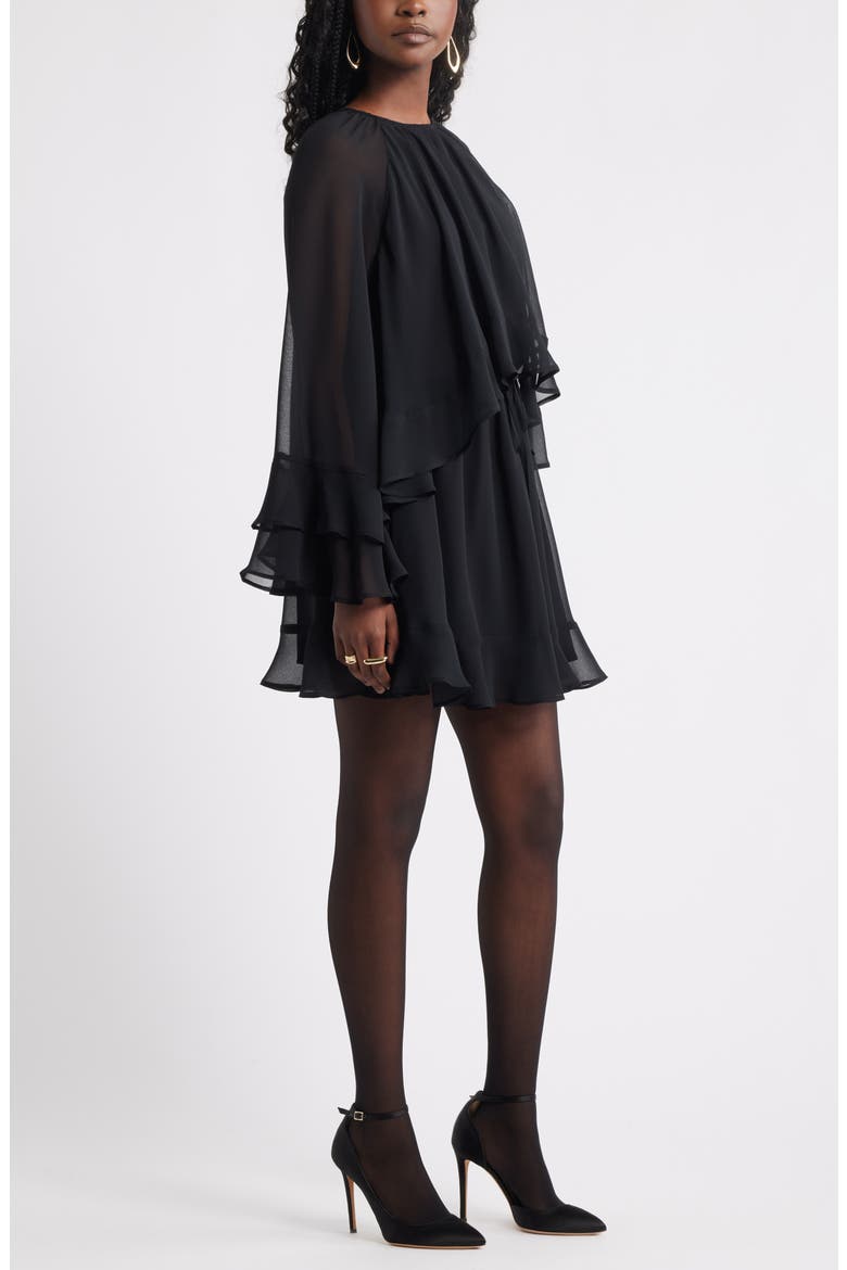 Tiered Long Sleeve Chiffon Minidress, Alternate, color, BLACK