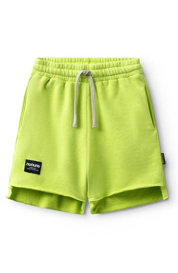 Nununu Kids' Unbalanced Raw Hem Cotton Sweat Shorts In Green