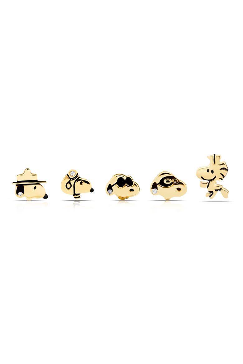 x Peanuts® Snoopy & Woodstock Set of 5 Assorted Single Stud Earrings, Main, color, 18KT YELLOW GOLD / CLEAR STONE
