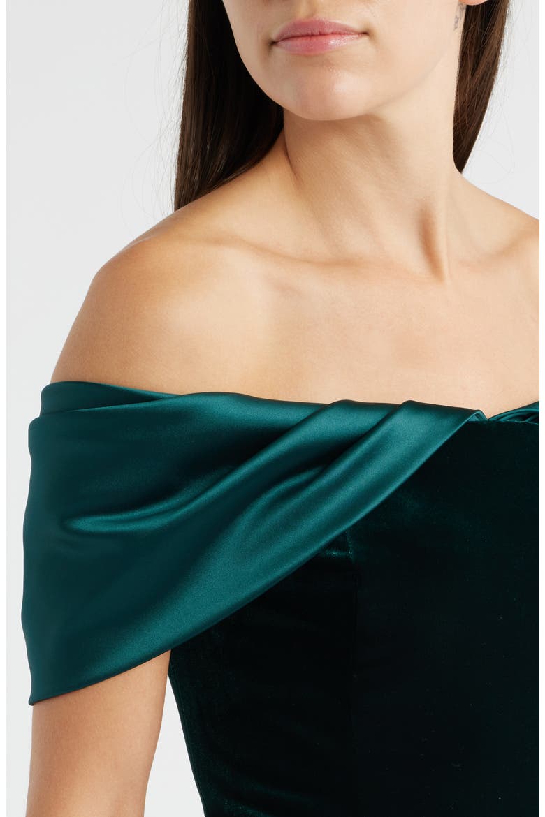 Off the Shoulder Satin & Velvet Mermaid Gown, Alternate, color, HUNTER