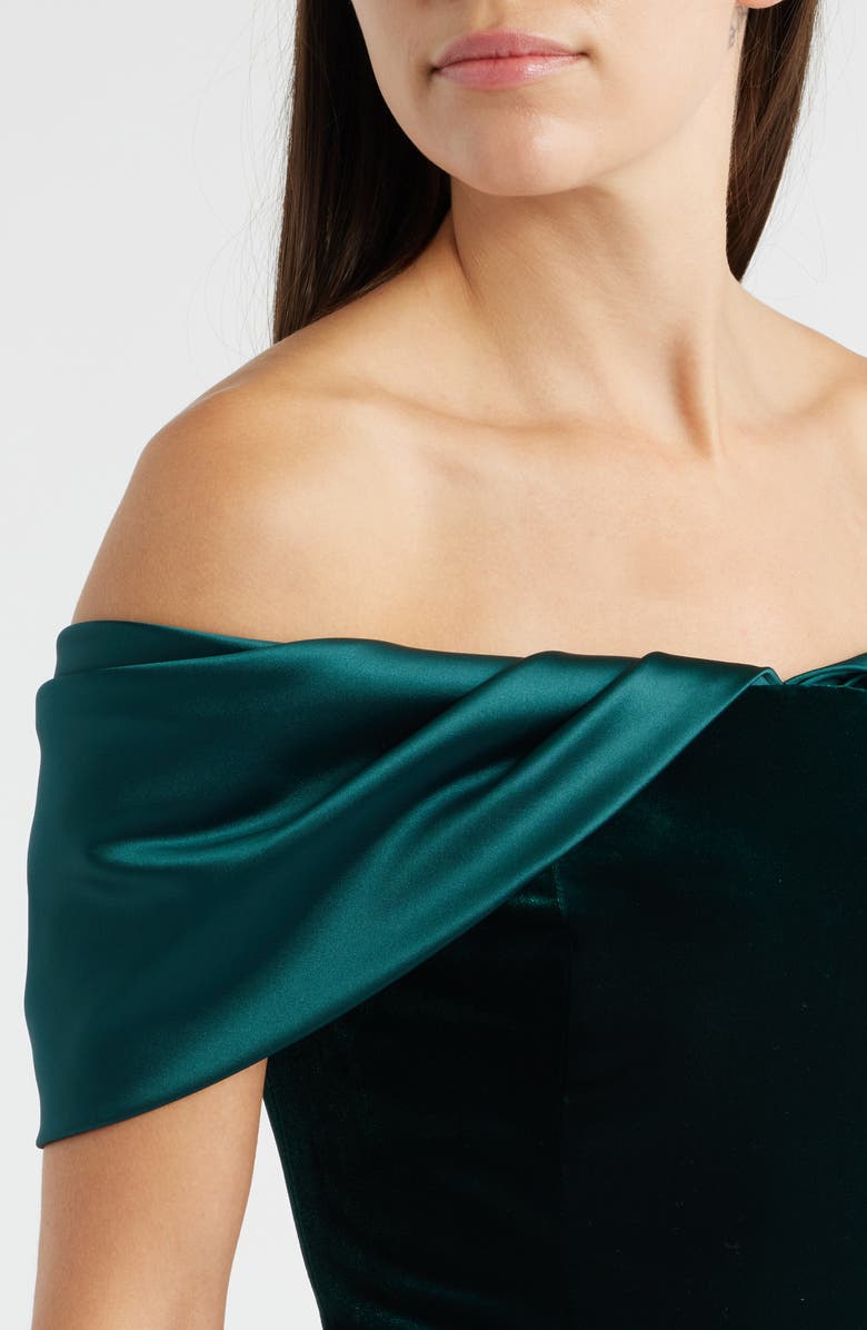 Eliza J Off the Shoulder Satin & Velvet Mermaid Gown, Alternate, color, Hunter