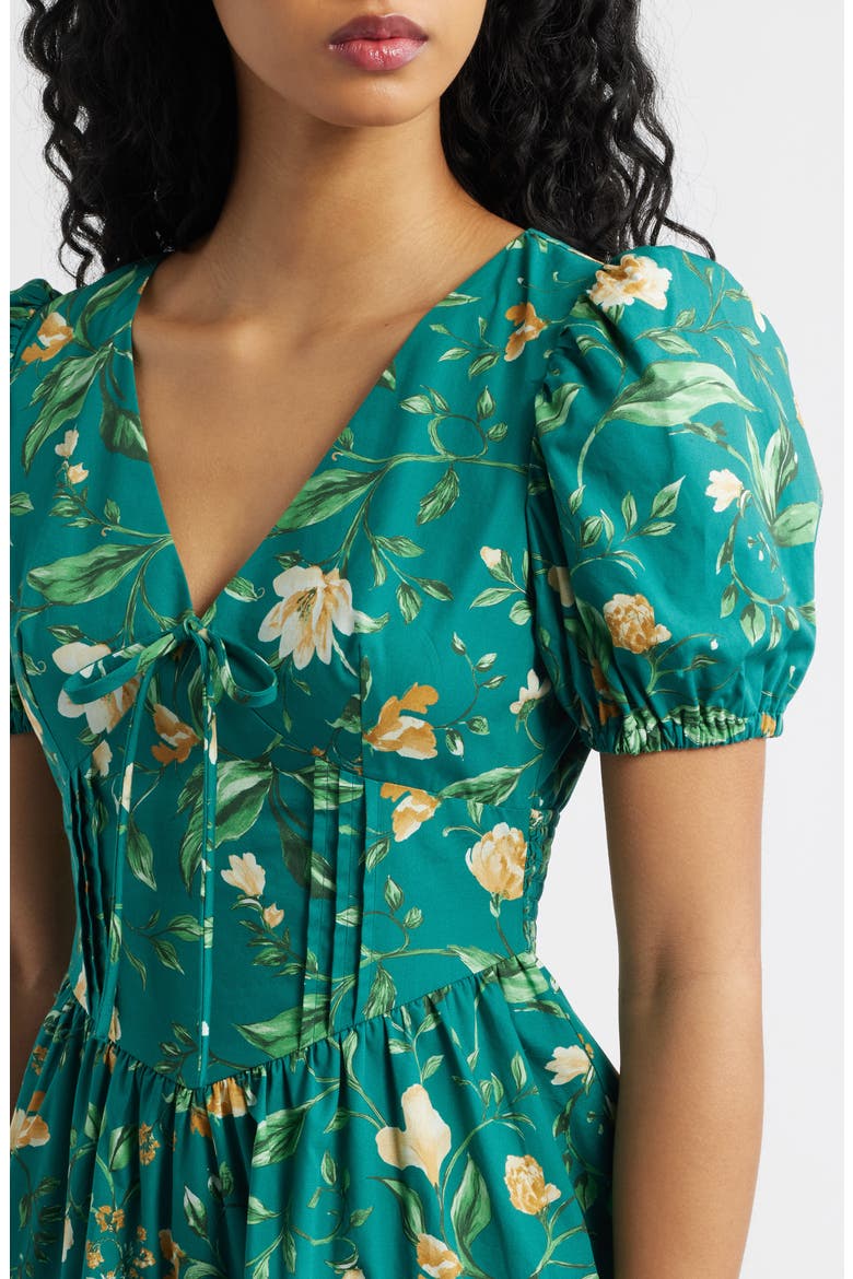 Floral Pintuck Puff Sleeve Cotton Fit & Flare Sundress, Alternate, color, GREEN MULTI