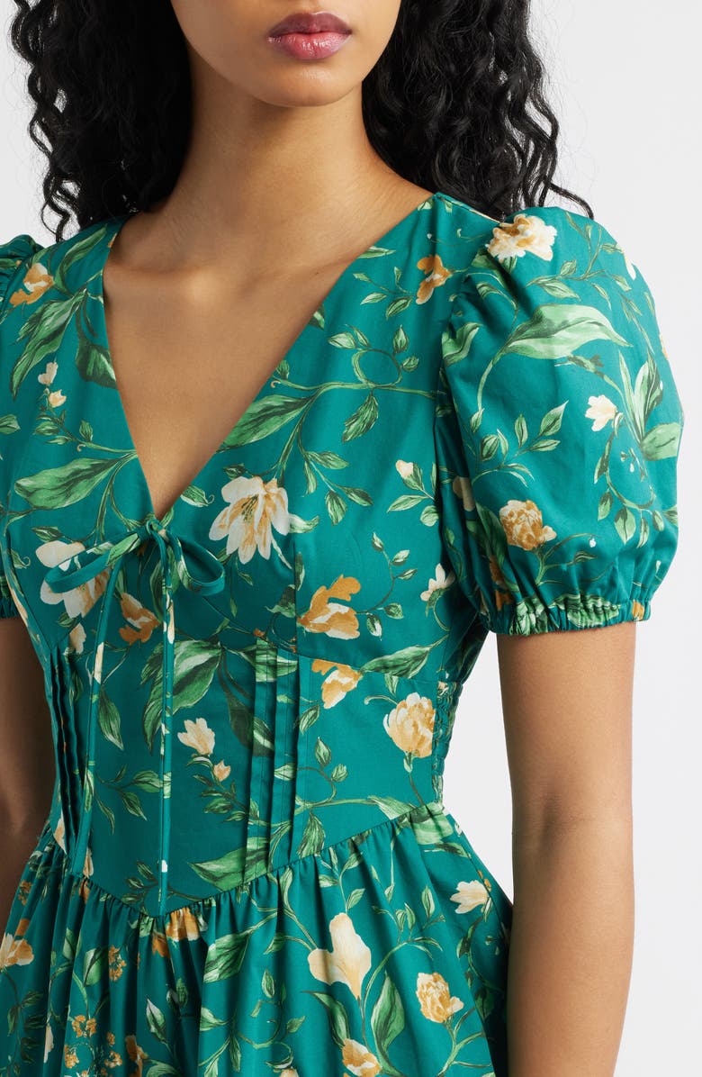 MOON RIVER Floral Pintuck Puff Sleeve Cotton Fit & Flare Sundress, Alternate, color, Green Multi