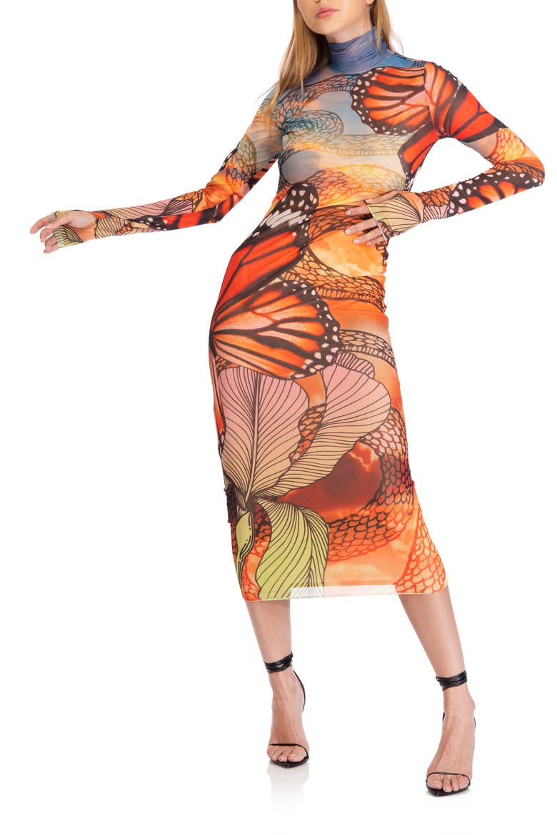 Shailene Long Sleeve Mesh Midi Dress, Main, color, BUTTERFLY