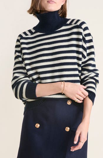 Vineyard Vines Stripe Rib Tall Mock Neck Cashmere Sweater In Blue