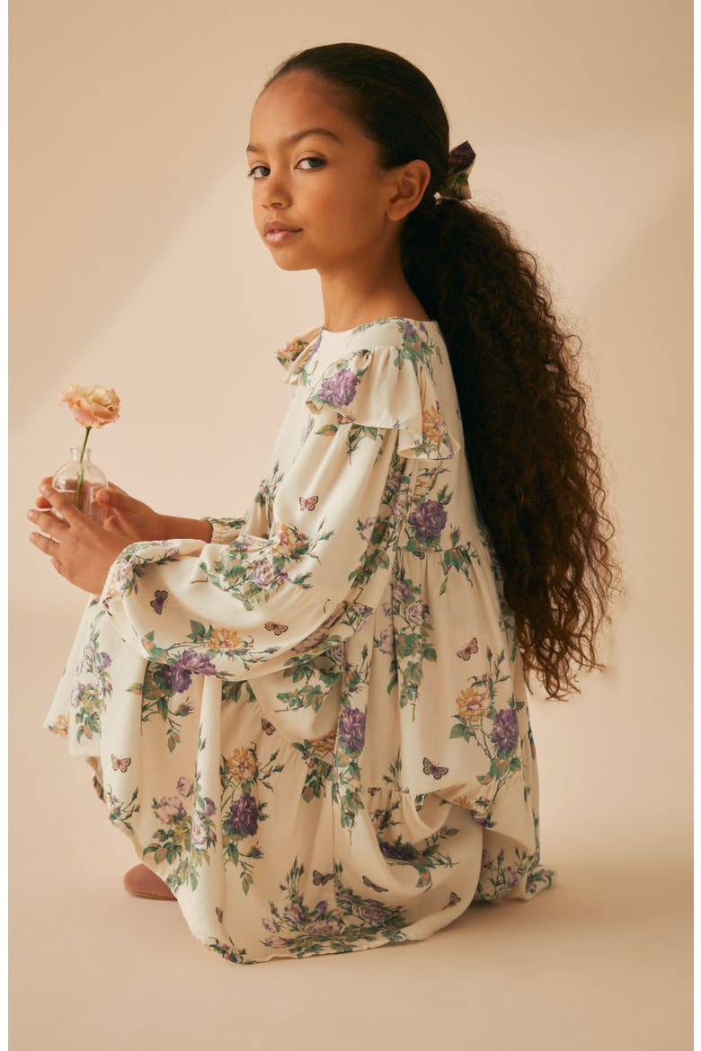 Kids' Floral Tiered Ruffle Long Sleeve Dress, Alternate, color, CREAM PURPLE FLORAL