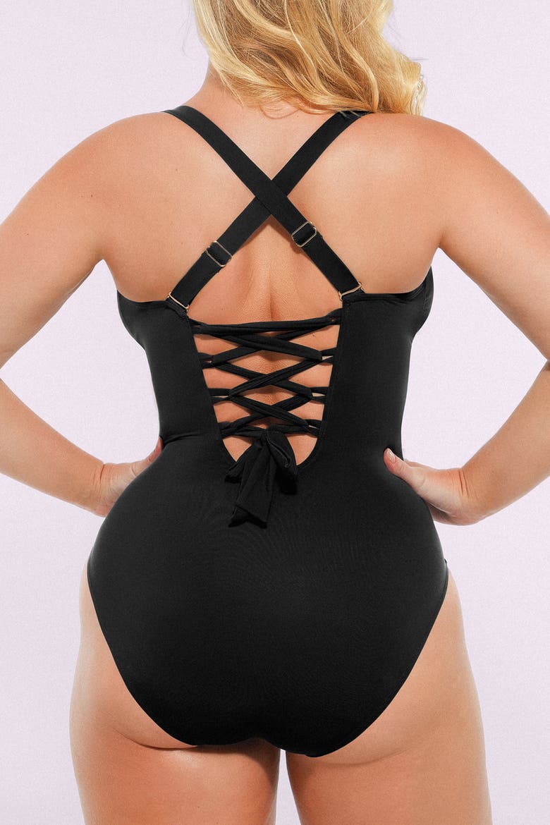 Smart Sculpt Ruched V-Neck Shaping Swimsuit, Alternate, color, Black