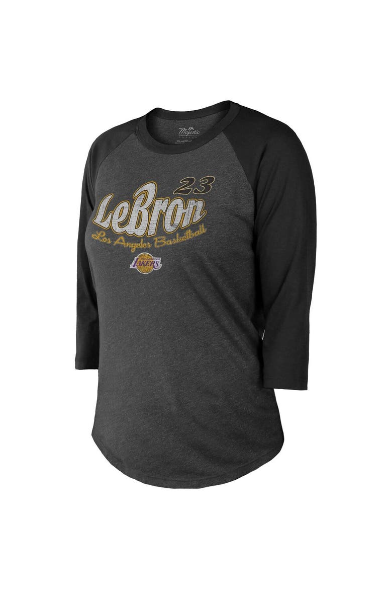 Women's Majestic Threads Black Los Angeles Lakers Lebron Graphic 3/4-Sleeve Tri-Blend Raglan T-Shirt, Alternate, color, Black