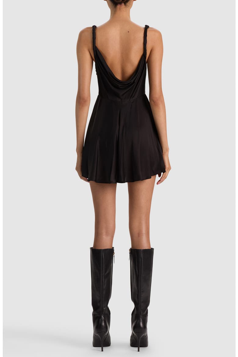 Monique Cowl Neck Twist Strap Satin Minidress, Alternate, color, BLACK