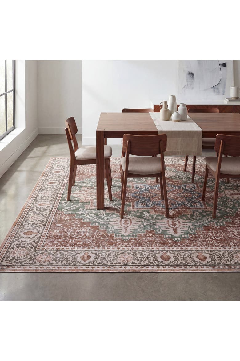 Eleanor Vintage Medallion Border Non-Slip Machine-Washable Green/Brown 4 ft. x 6 ft. Area Rug, Main, color, Green/Brown