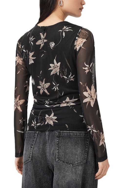 Allsaints Womens Petra Sepia Br Caia Floral-print Stretch-mesh Top In Black