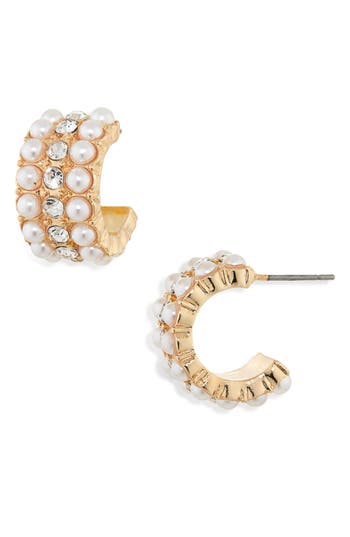 Nordstrom Rack Faux Pearl & Crystal Hoop Earrings In White- Clear- Gold