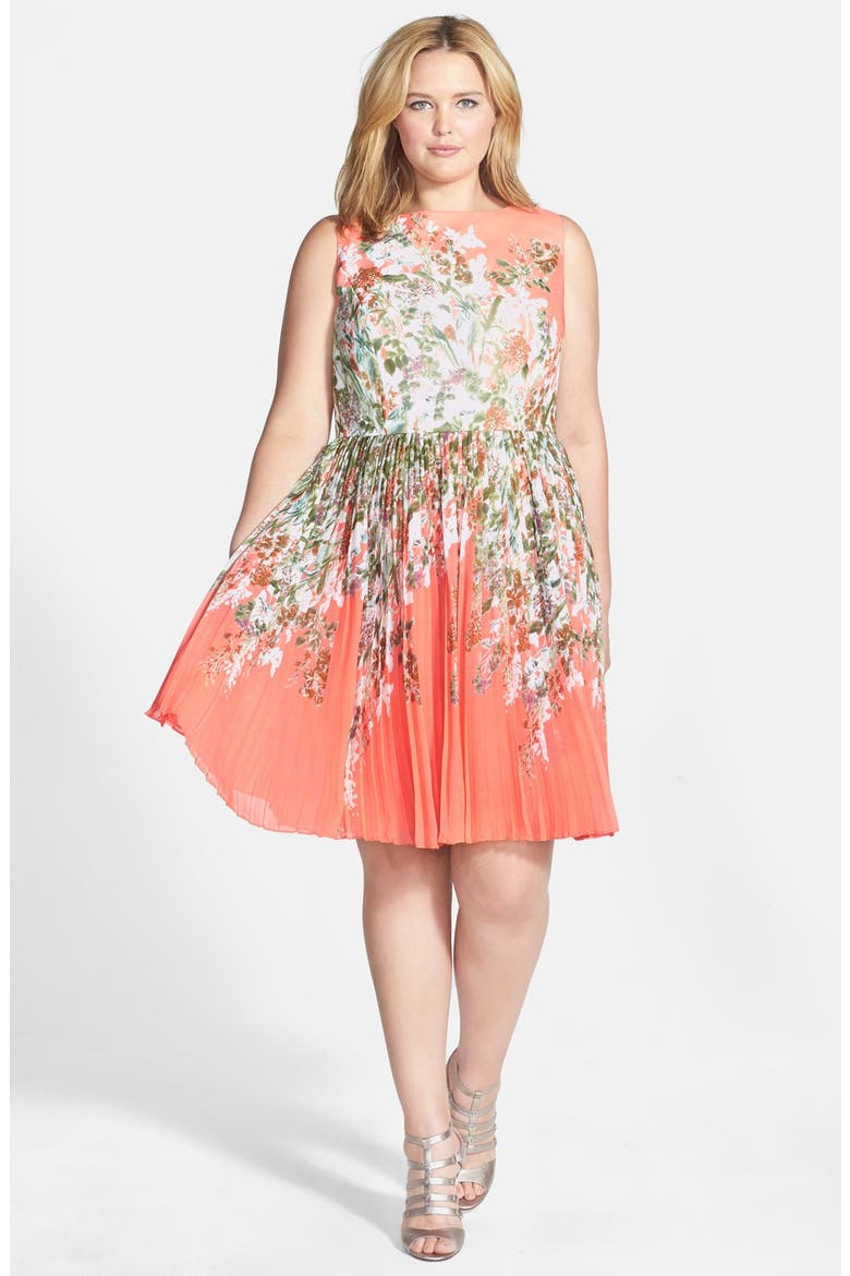 Floral Print Pleat Chiffon Fit & Flare Dress, Main, color, CORAL MULTI