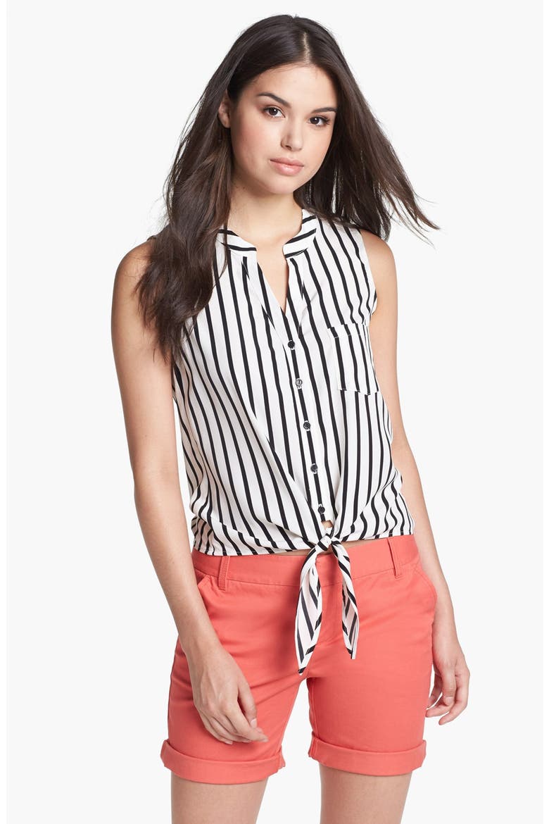 Sleeveless Tie Front Blouse, Main, color, BLACK/ WHITE STRIPE