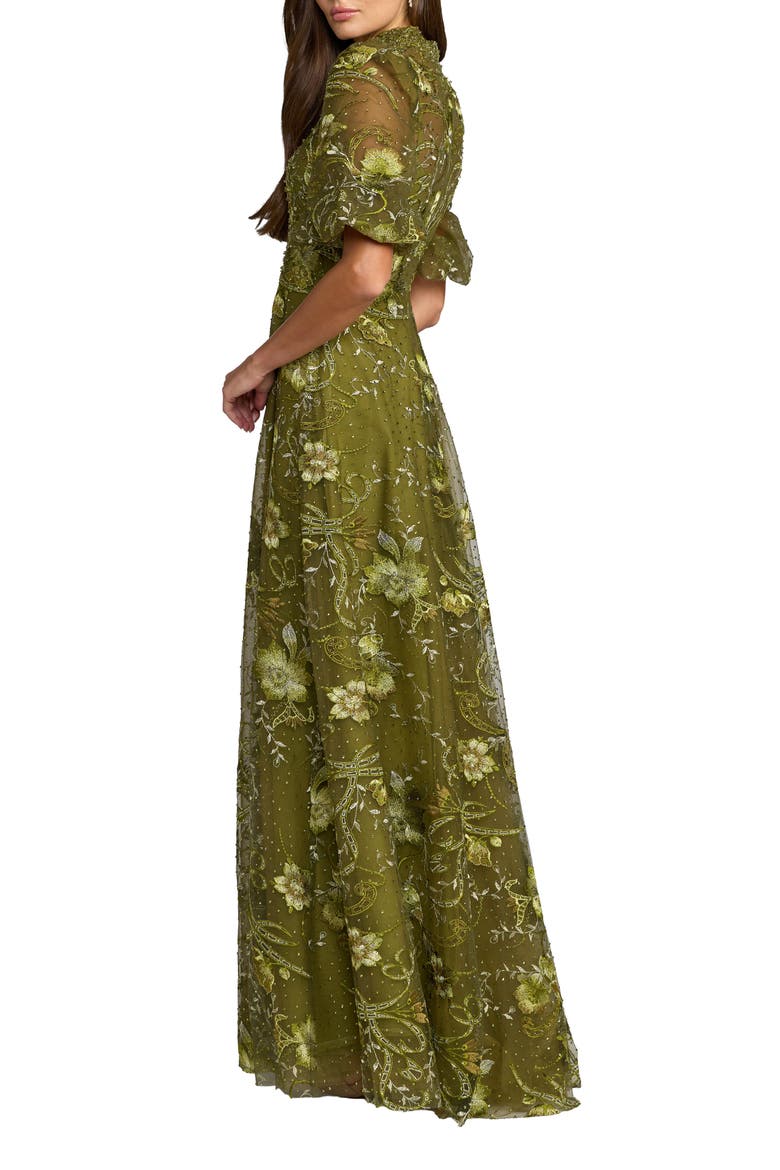 Queen Anne Puff Sleeve A-Line Gown, Alternate, color, Olive