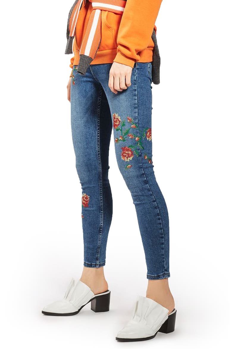 Jamie Embroidered Skinny Jeans, Alternate, color, MID DENIM