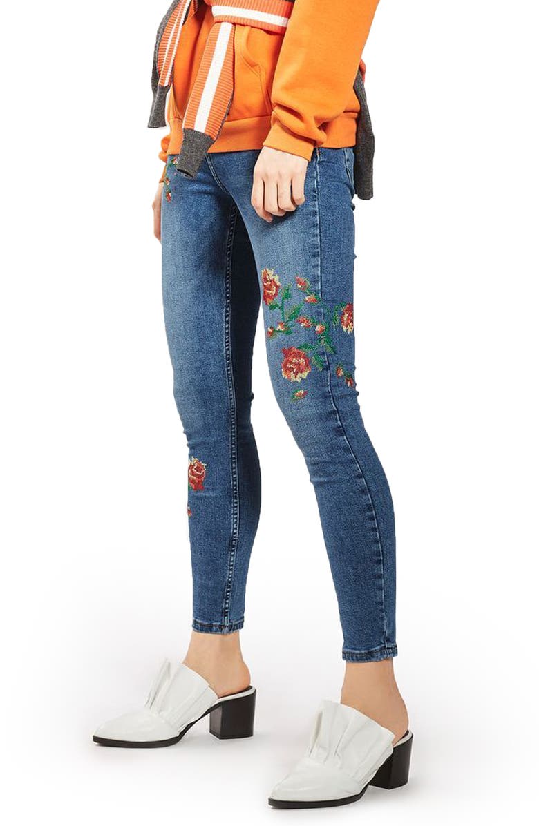 Topshop Jamie Embroidered Skinny Jeans, Alternate, color, 
