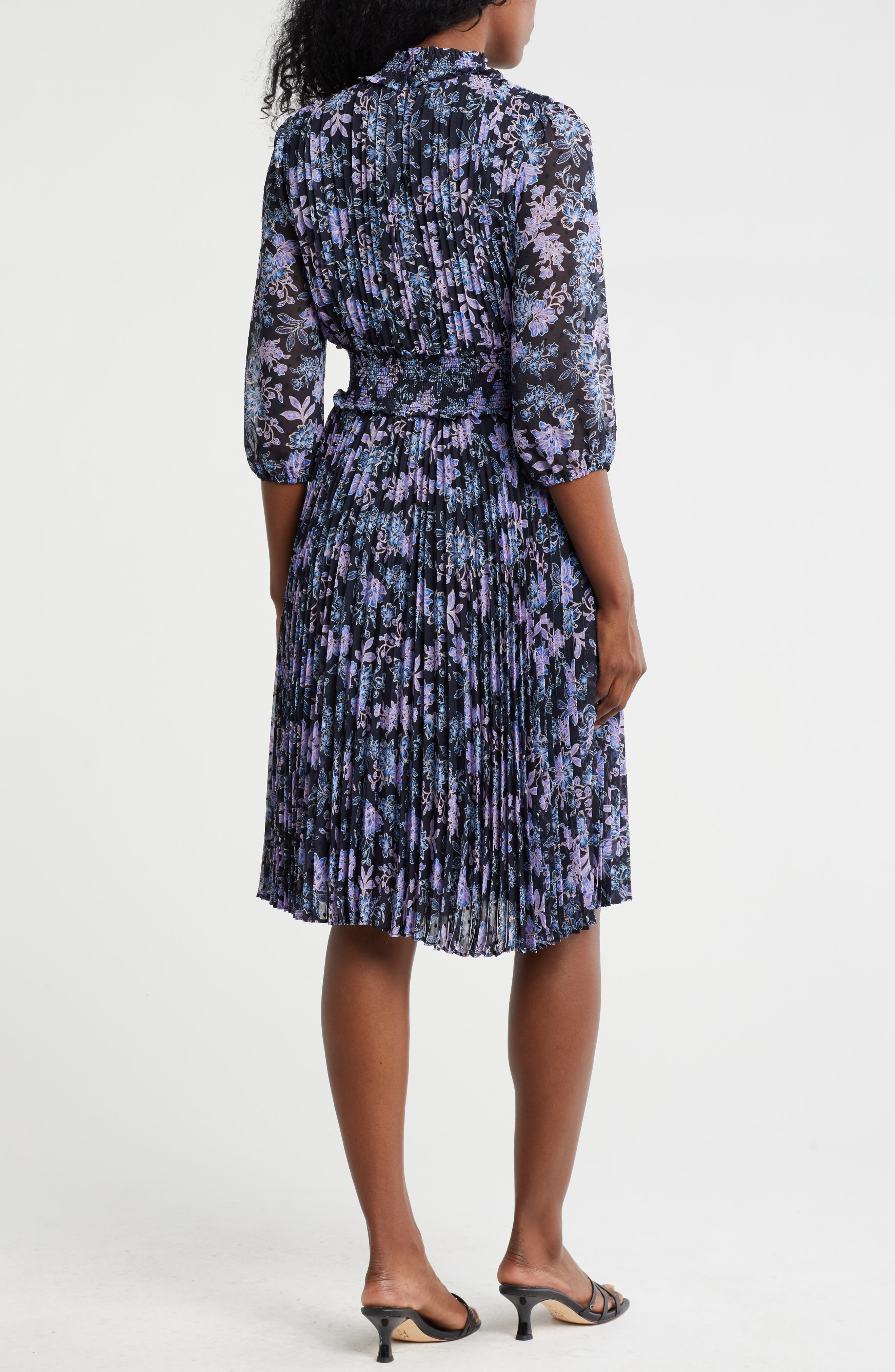 Smocked Mock Neck Three-Quarter Sleeve Midi Dress - image 2