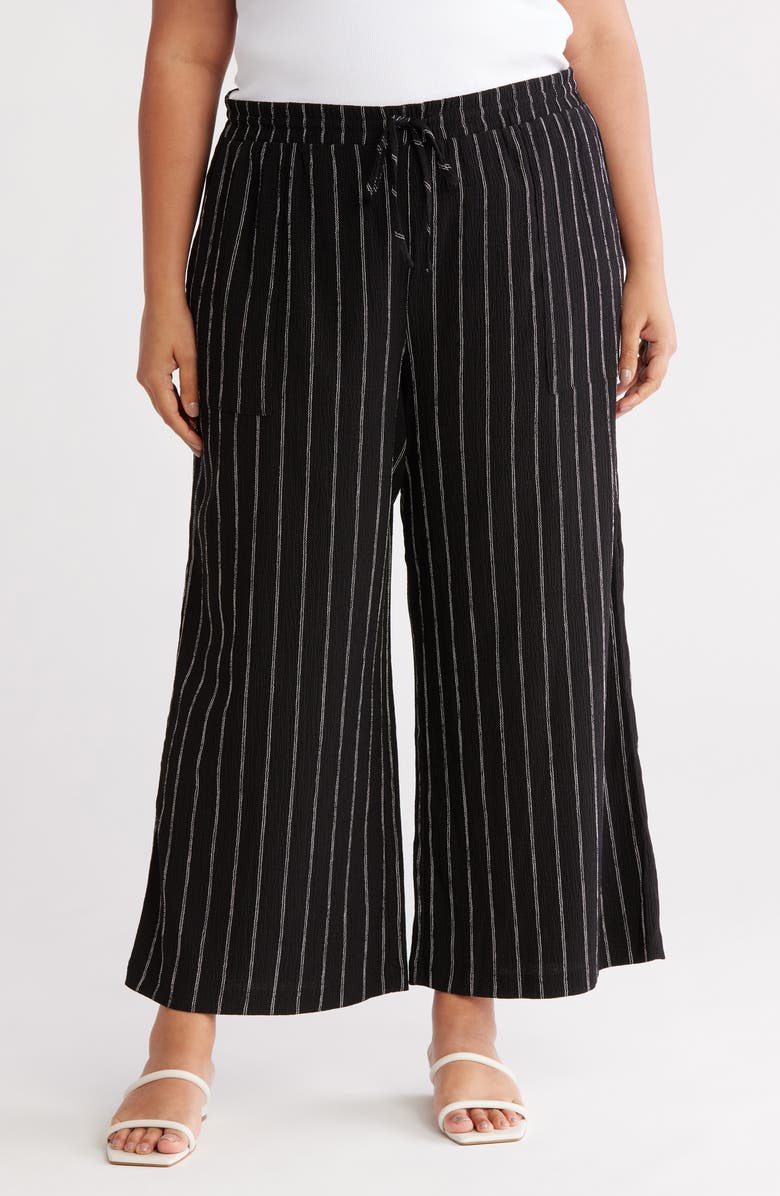 Caslon<sup>®</sup> Crinkle Wide Leg Pants, Main, color, Black- Ivory Rita Stripe