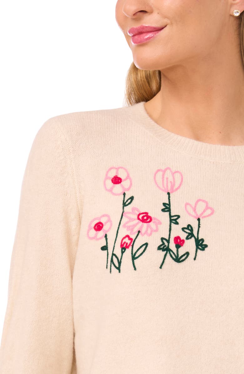 CeCe Flower Embroidery Crewneck Sweater, Alternate, color, Birch