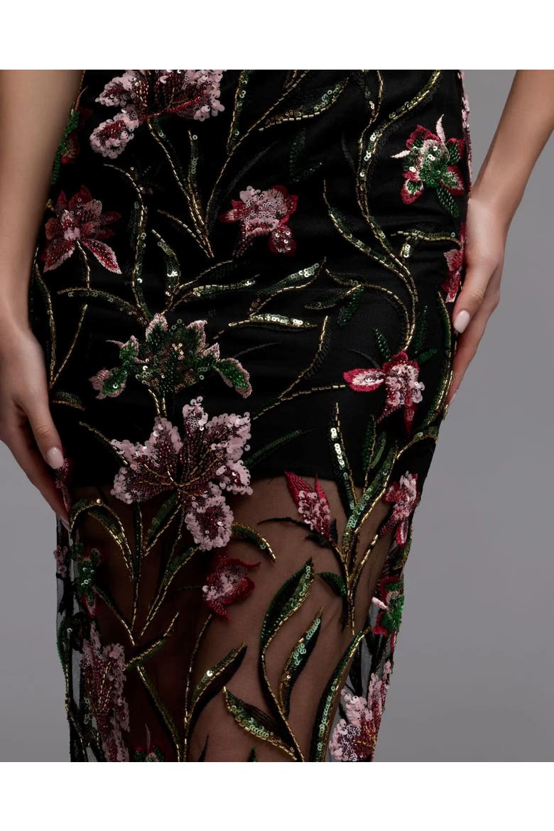 Strapless Floral Embroidered Column Dress, Alternate, color, Black Multi