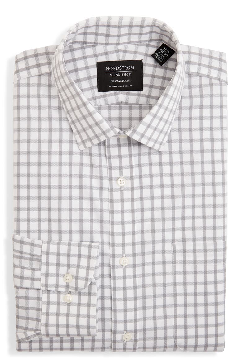 Men's Shop Smartcare Trim Fit Plaid Dress Shirt, Alternate, color, GREY SLEET
