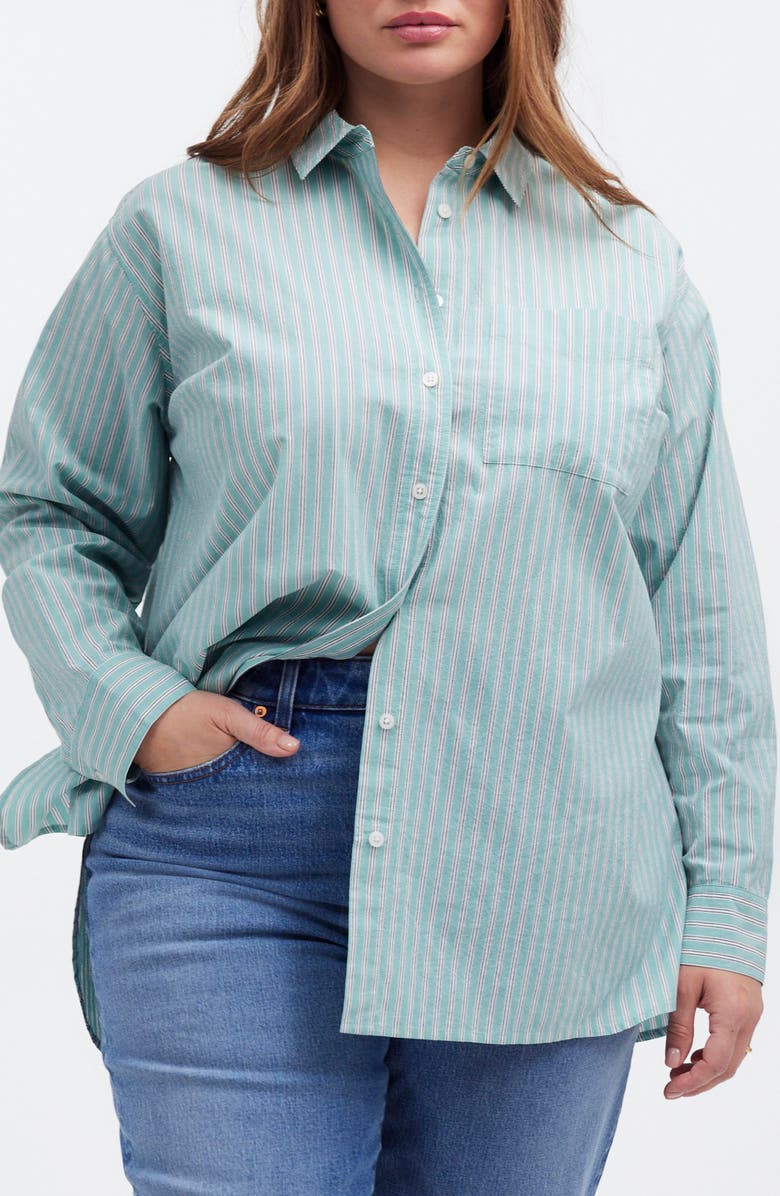 Madewell Oversize Stripe Cotton Button-Up Shirt, Main, color, Dusty Verdigris