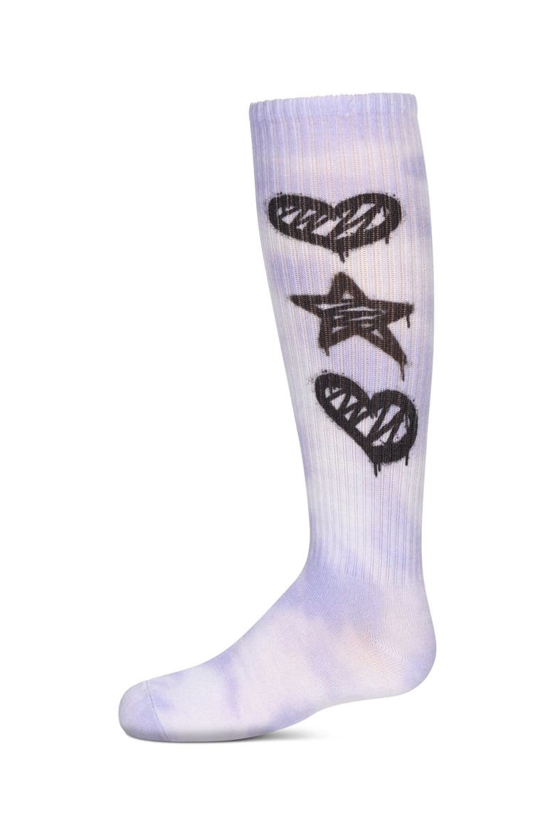 Tie Dye Graffiti Shapes Knee High Socks, Main, color, Purple
