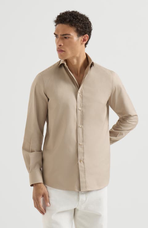 Garment-dyed twill  shirt with spread collar