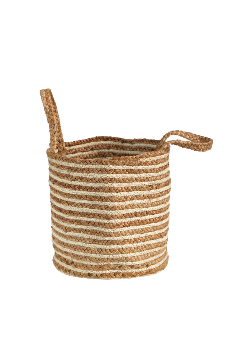 NEARLY NATURAL 14-in Boho Chic Basket Planter Natural Cotton and Jute, Handwoven Stripe with Handles, Main, color, Beige