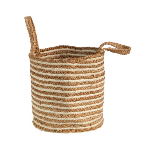 14-in Boho Chic Basket Planter Natural Cotton and Jute, Handwoven Stripe with Handles