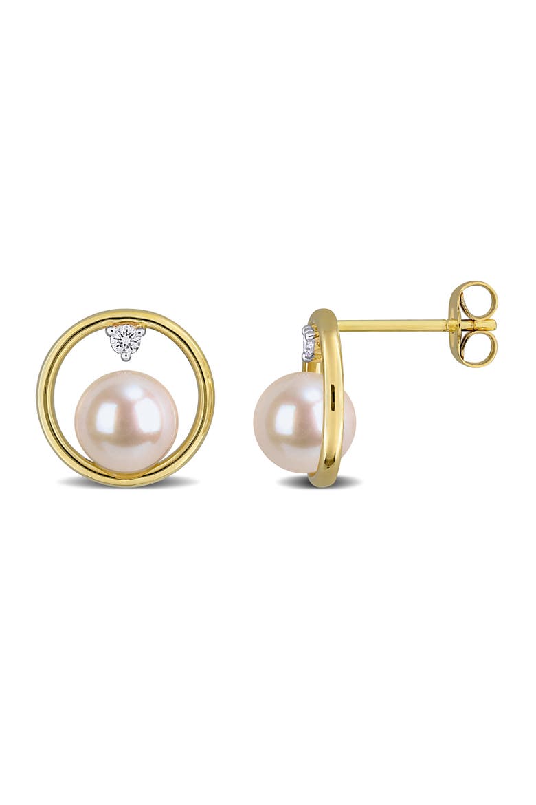Pearl & Lab-Grown Diamond Circle Earrings 10k, Main, color, Yellow Gold