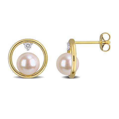 Pearl & Lab-Grown Diamond Circle Earrings 10k