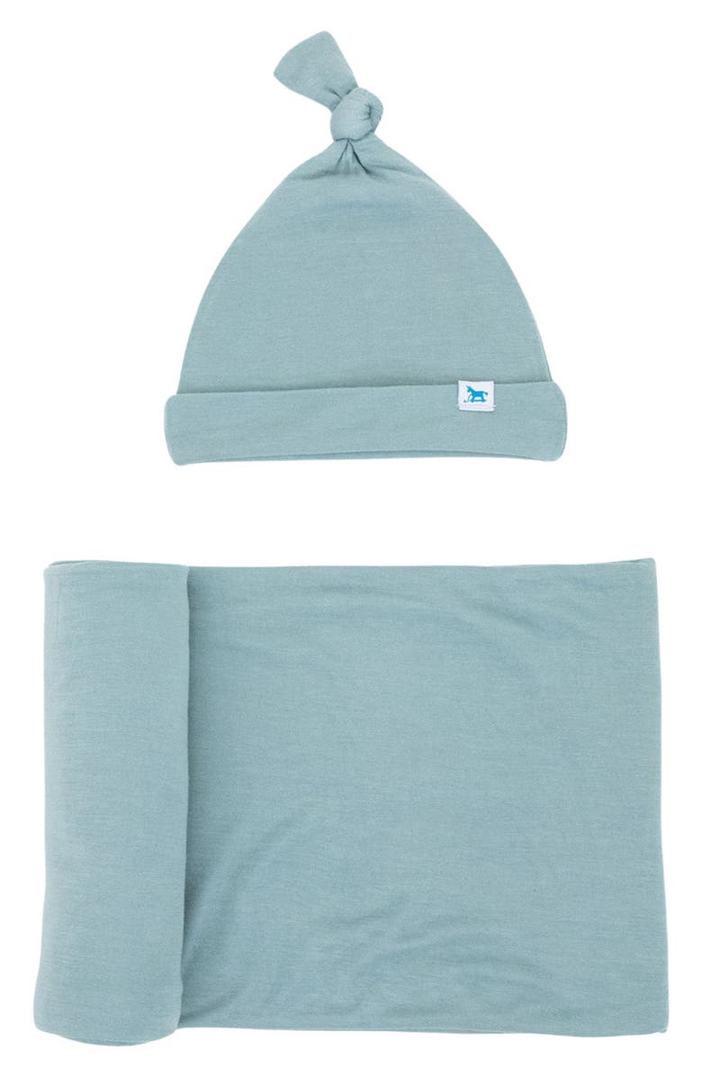 little unicorn Stretch Knit Hat & Swaddle Set, Main, color, Blue