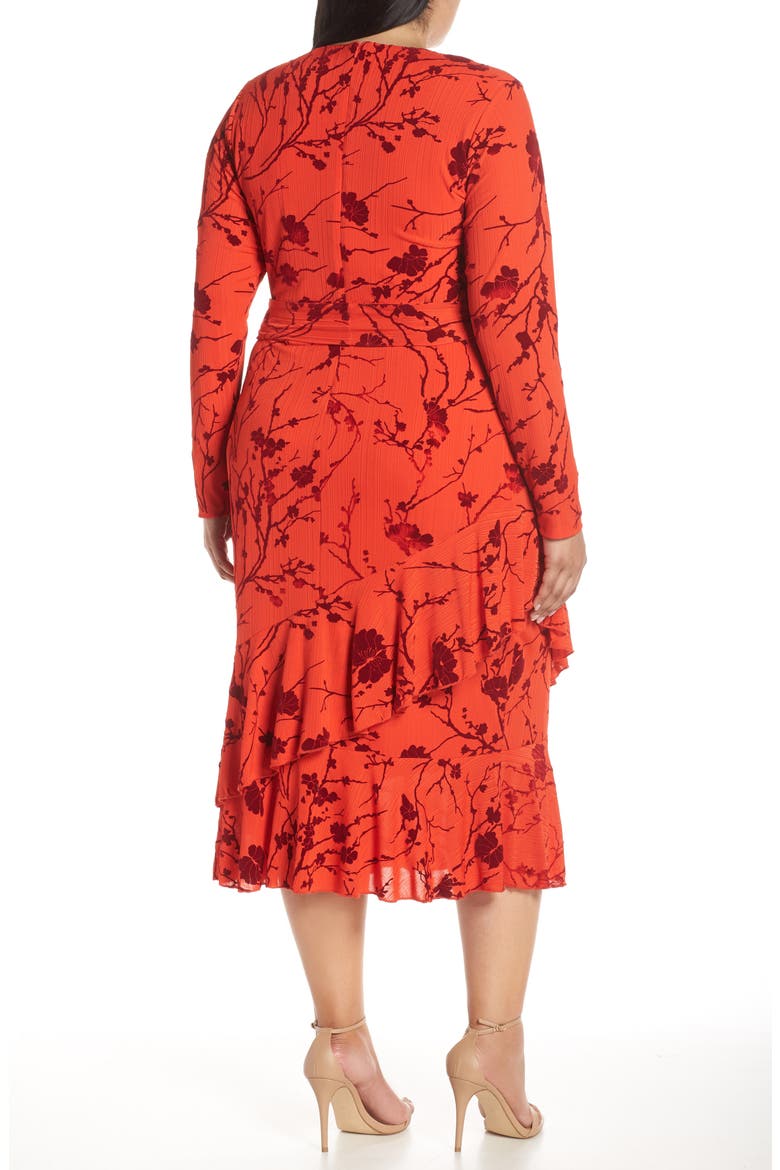 Ruffle Hem Faux Wrap Midi Dress, Alternate, color, FIRE
