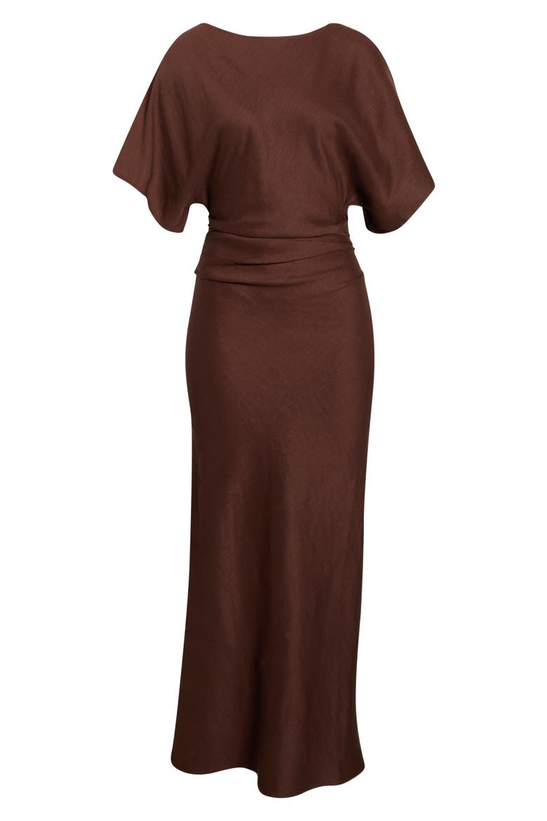 Amelie Ruched Waist Linen Blend Dress, Alternate, color, DARK OAK