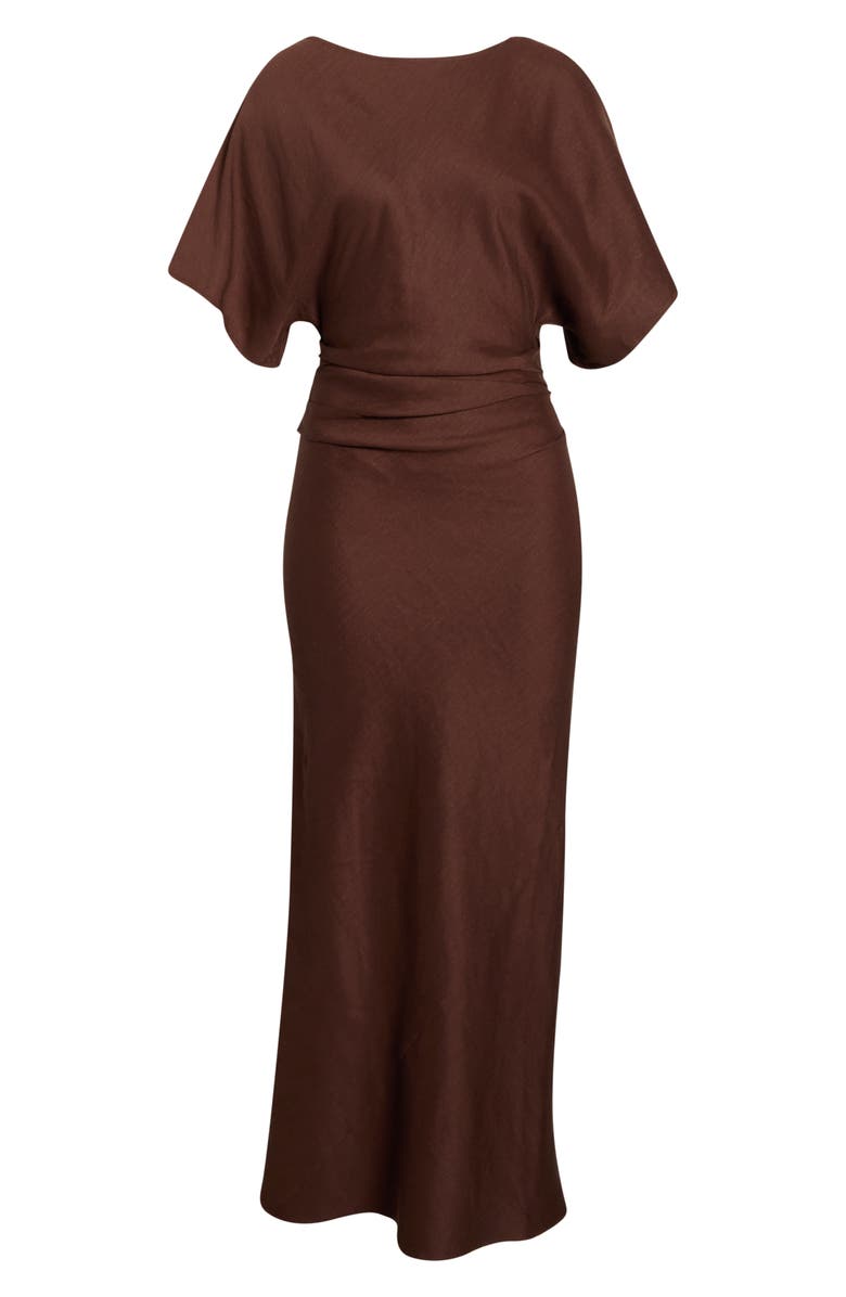 STAUD Amelie Ruched Waist Linen Blend Dress, Main, color, Dark Oak