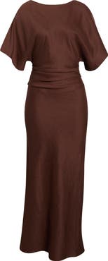 STAUD Amelie Ruched Waist Linen Blend Dress