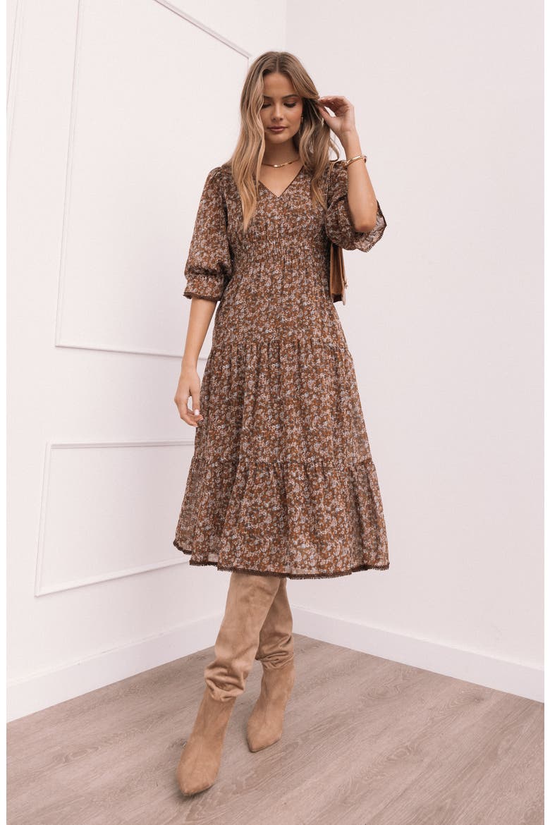 Simone Floral Print Midi Dress, Alternate, color, CAMEL