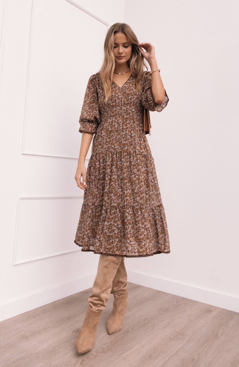 Petal & Pup Simone Floral Print Midi Dress, Alternate, color, Camel