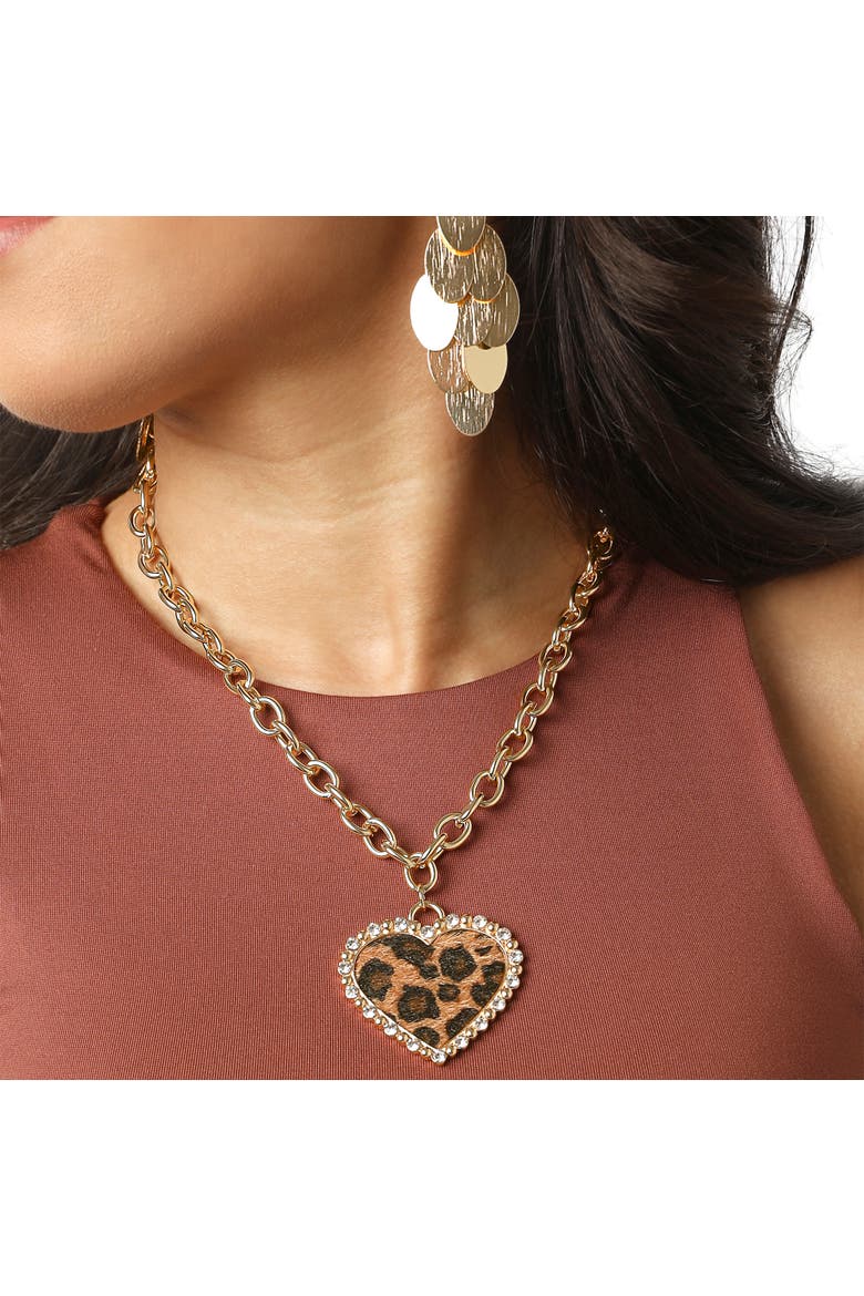 Chunky Heart Necklace for Women with Cheetah Print and Pave Crystals, 18"+2" Heart Pendant Necklace, Alternate, color, Gold-Tone