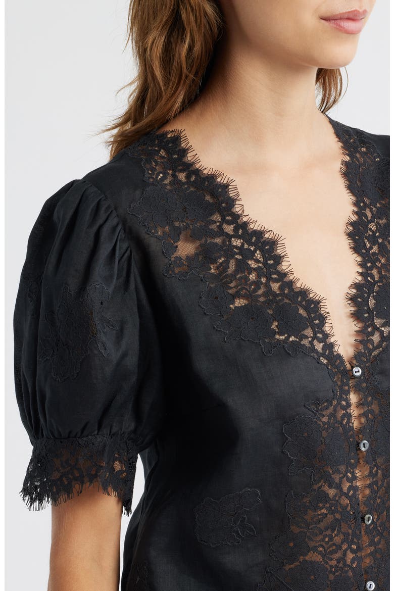 Idella Lace Trim Ramie Top, Alternate, color, BLACK