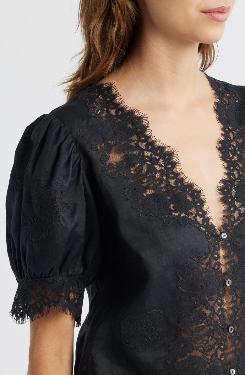 DÔEN Idella Lace Trim Ramie Top, Alternate, color, Black