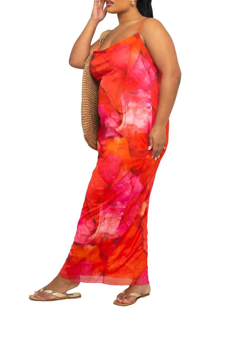 Strappy Abstract Print Mesh Maxi Dress, Alternate, color, Red