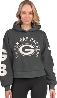 STARTER Women's Starter Heather Charcoal Green Bay Packers Star Player Cropped Fleece Pullover Hoodie