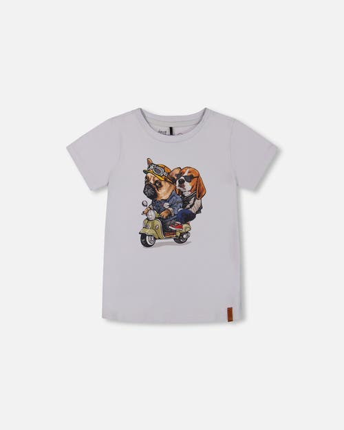 Deux Par Deux Boy's Organic Cotton Graphic Tee Pale Blue And Puppies In Pale Blue And Puppies