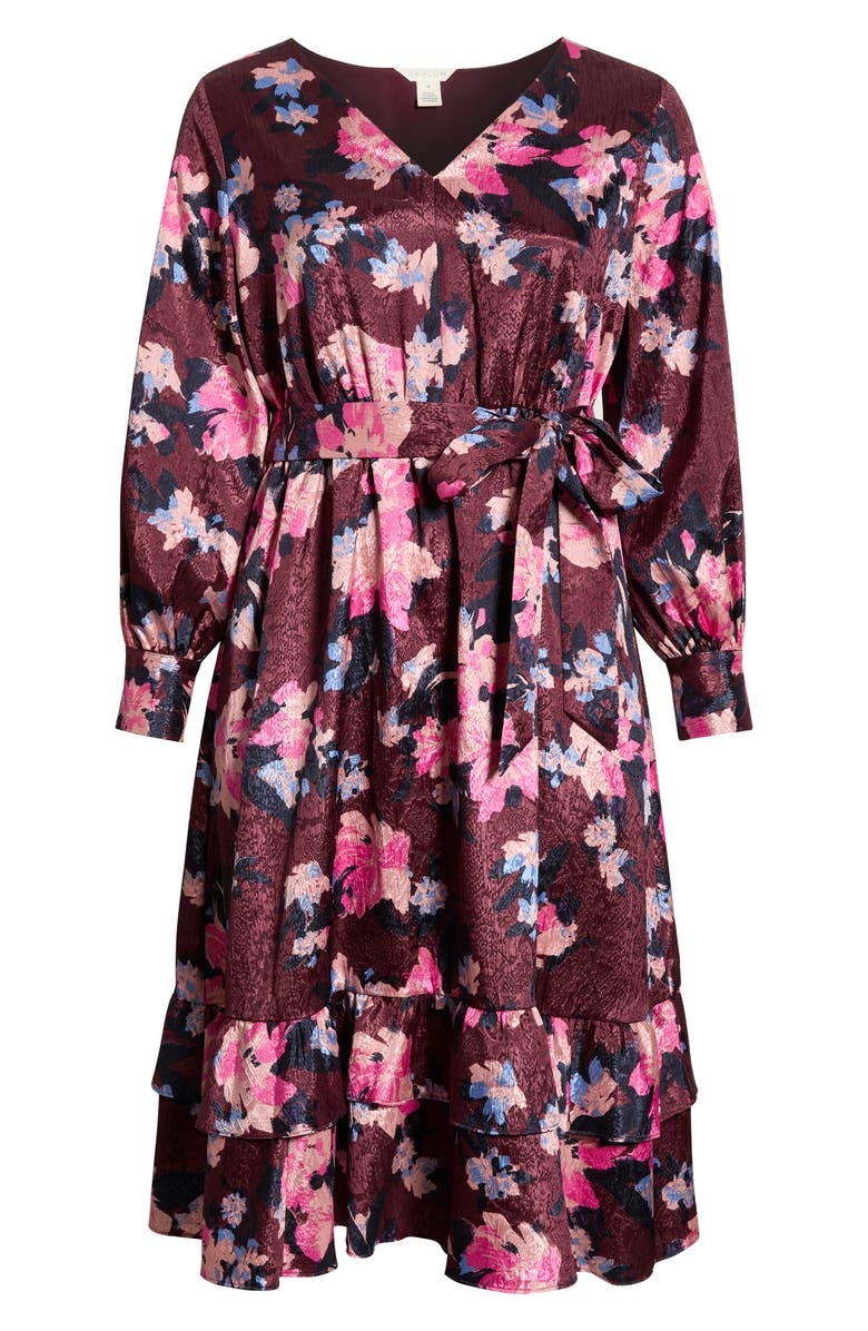 Caslon<sup>®</sup> Belted Long Sleeve Satin Midi Dress, Alternate, color, Burgundy- Blue Georgia Blooms
