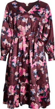 Caslon® Belted Long Sleeve Satin Midi Dress